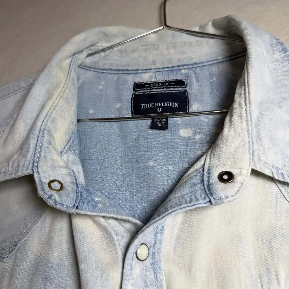 True Religion Shirt Mens 3XL Bleached Western Denim Blue Snap Front
